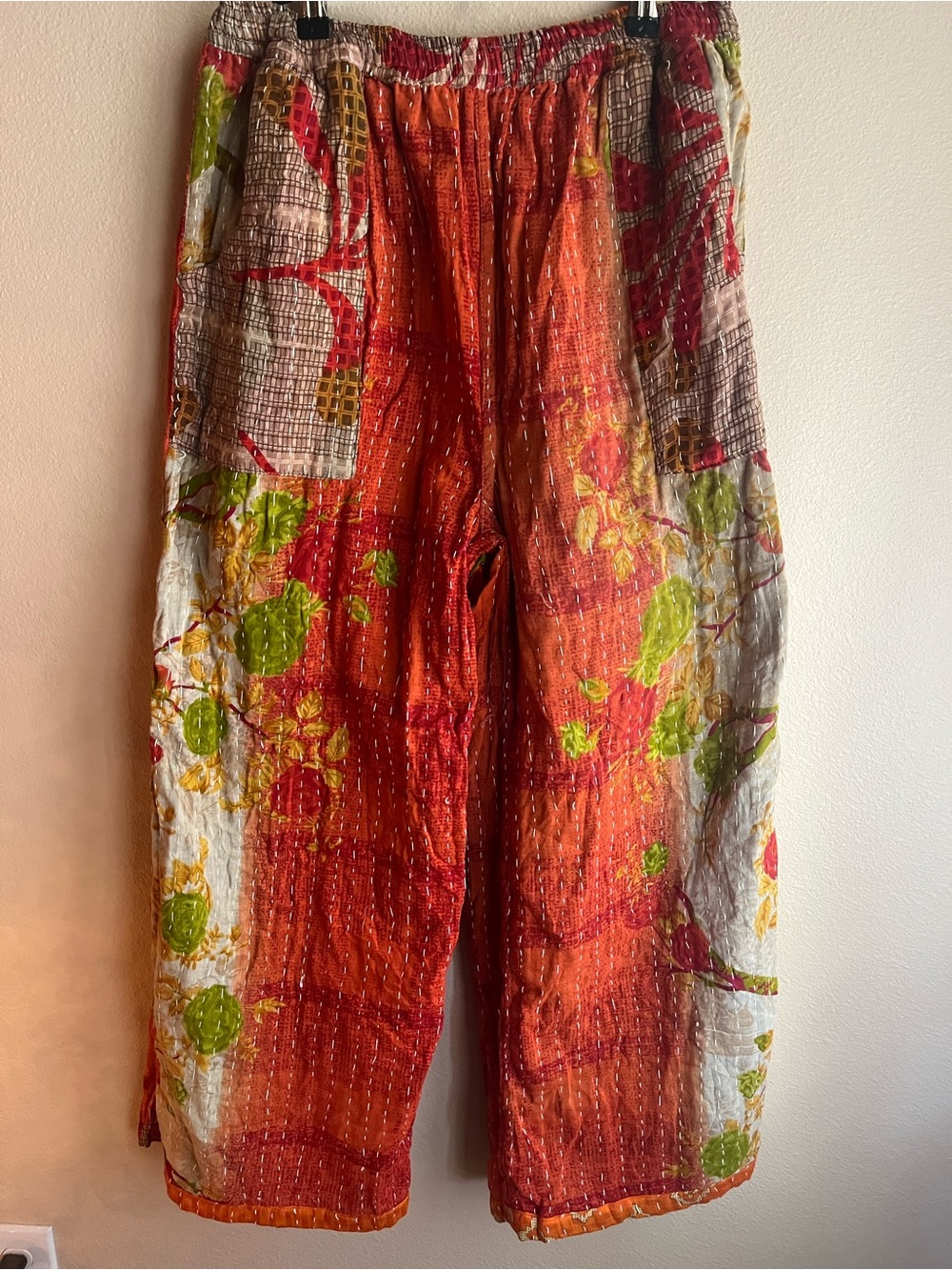 Reversible Kantha Bohemian Orange Patchwork Wide-Leg Pants - Picture 6 of 8